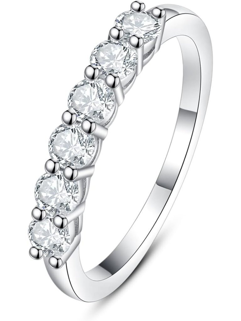 Stunning 6 Stone Lab Grown Diamond Wedding Ring - 18k White Gold Plated, Size 7